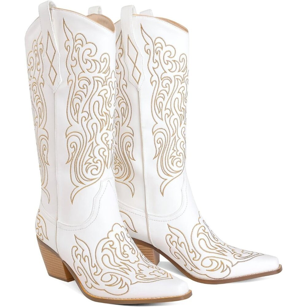 Women White Knee High Boots Cowgirl Boots Cowboy Tall Boots Western Wide Calf - Picture 4 of 9
